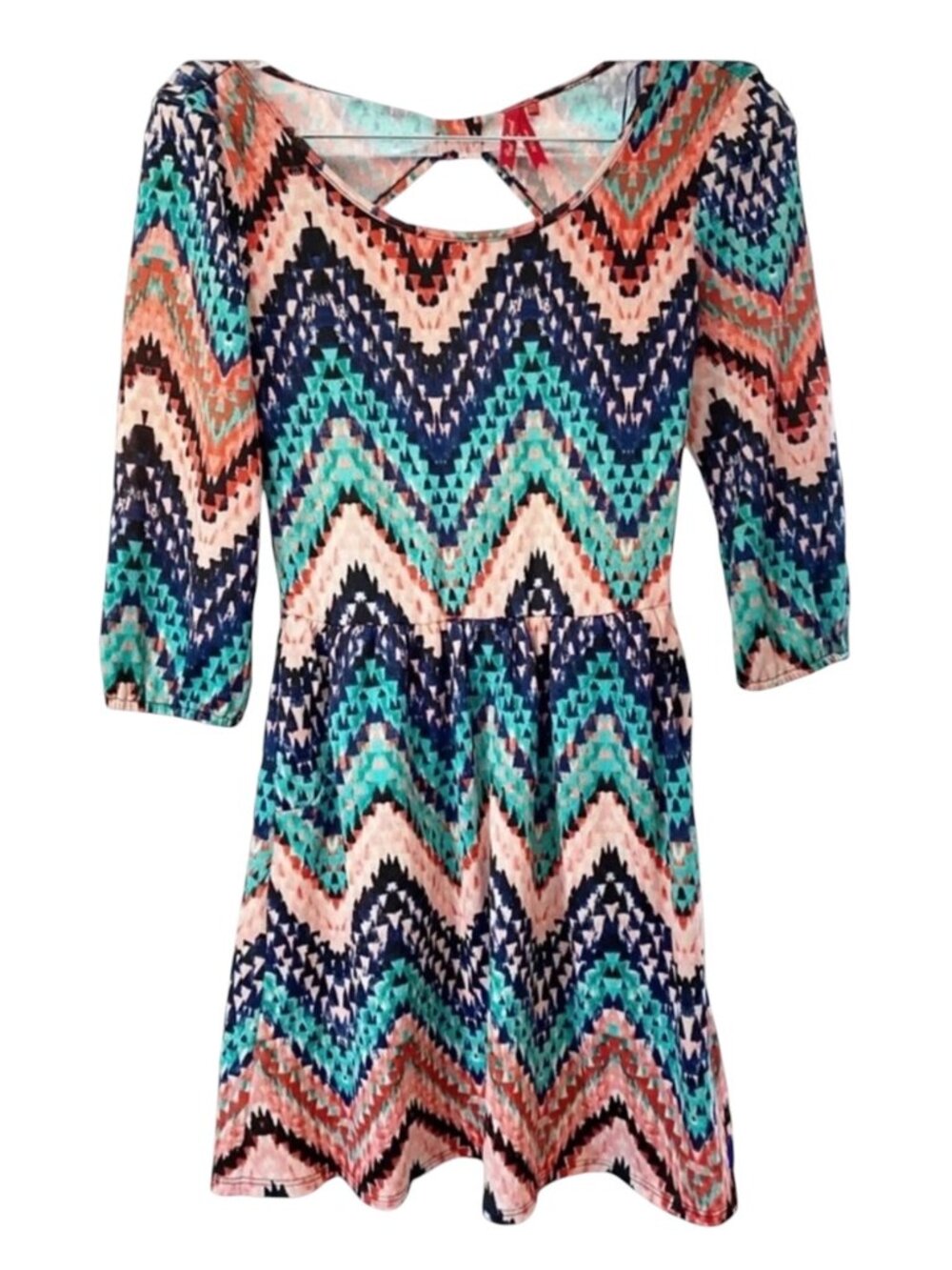 Red Camel Womens Mini Dress Sz XS Aztec Geometric Chevron Cutout Back 3/4 Sleeve